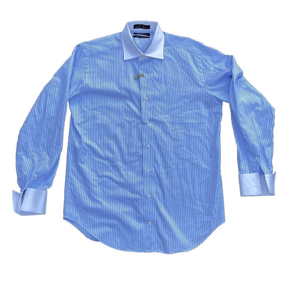 Men dress shirt formal long sleeve FIT Striped Buttoned Tops Blue Sz 16 34/35